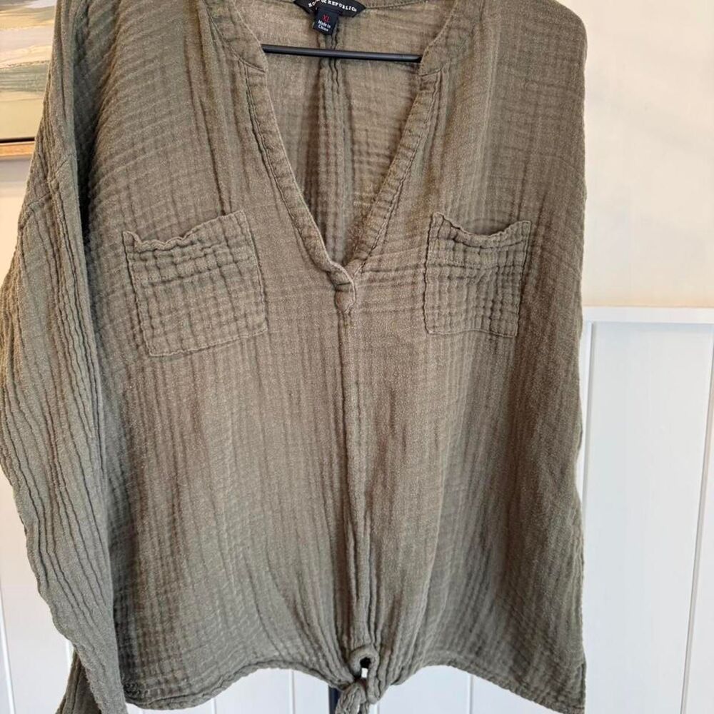 Olive Green Gauze Tie Front Oversized Boho